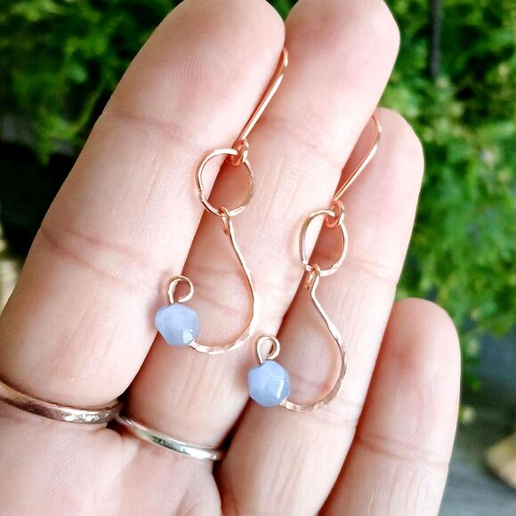 Cats Eye Beaded Dangle Earrings, Hammered Copper Jewelry 2" - Picture 3 of 5